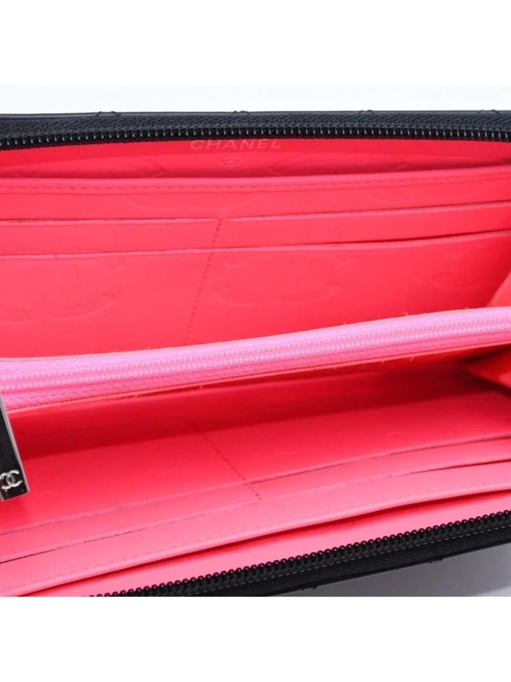 Chanel Cambon Line Round Zip Wallet Calfskin Black Silver